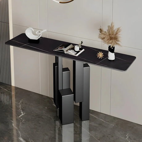 Rectangular Stone Top Black Tall Iron Base Console Table Image - 2