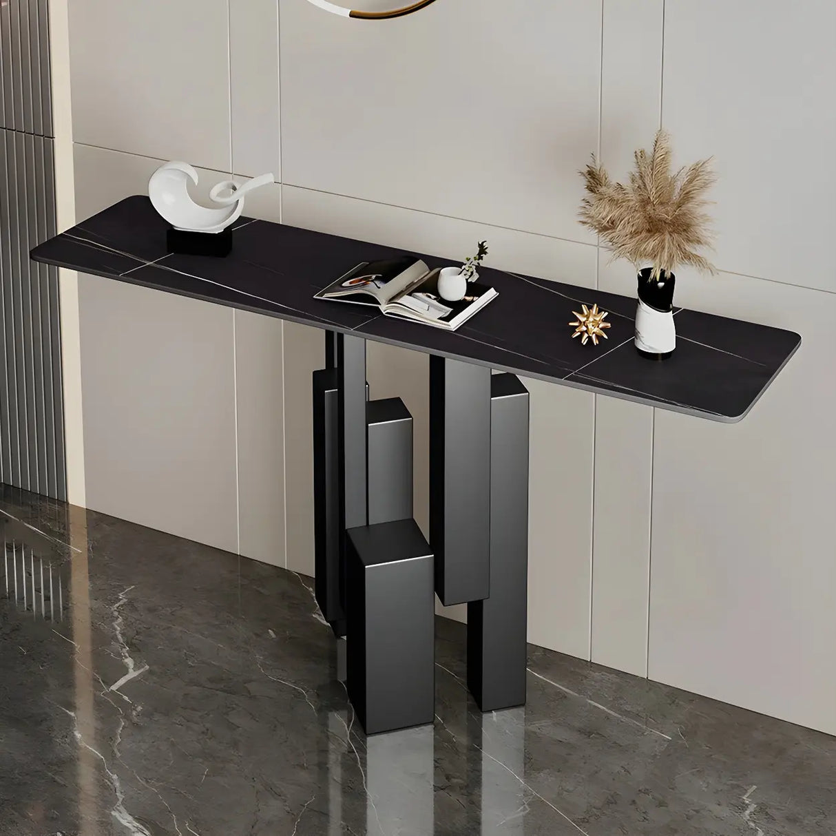 Rectangular Stone Top Black Tall Iron Base Console Table Image - 2