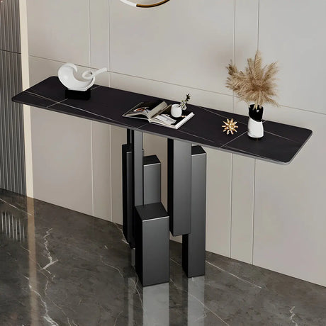 Rectangular Stone Top Black Tall Iron Base Console Table Image - 2