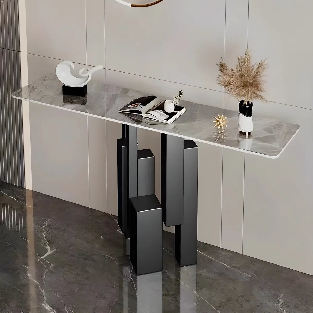 Rectangular Stone Top Black Tall Iron Base Console Table Image - 3