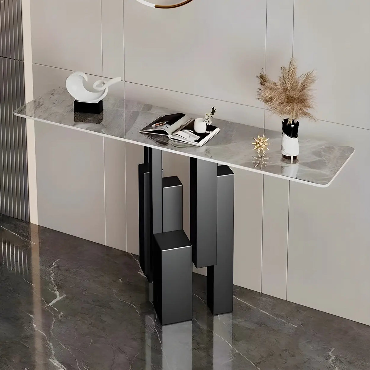 Rectangular Stone Top Black Tall Iron Base Console Table Image - 3