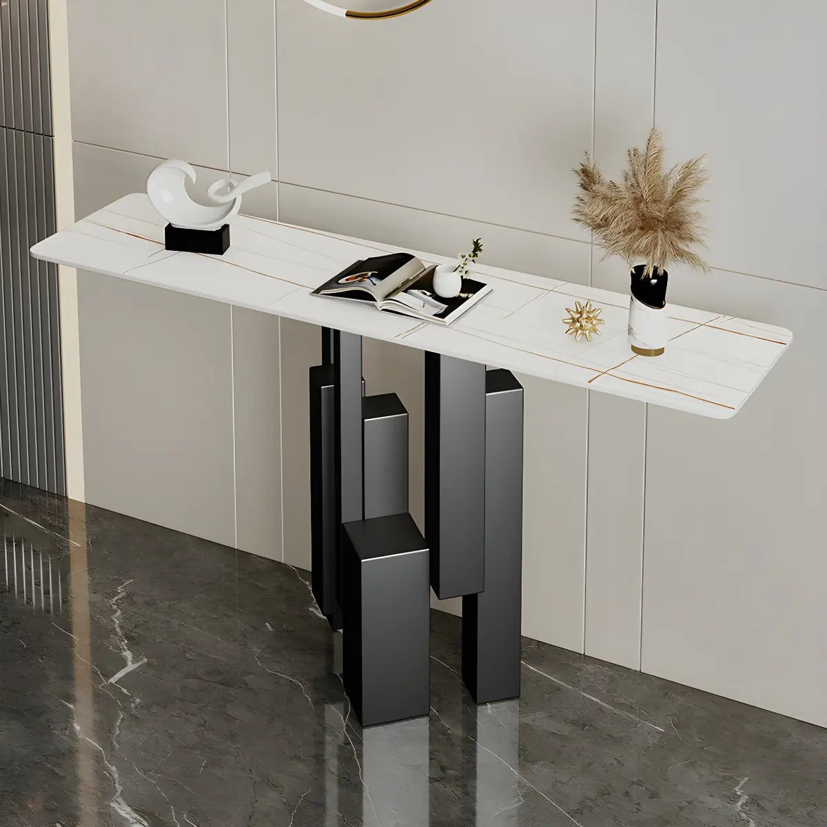 Rectangular Stone Top Black Tall Iron Base Console Table Image - 4