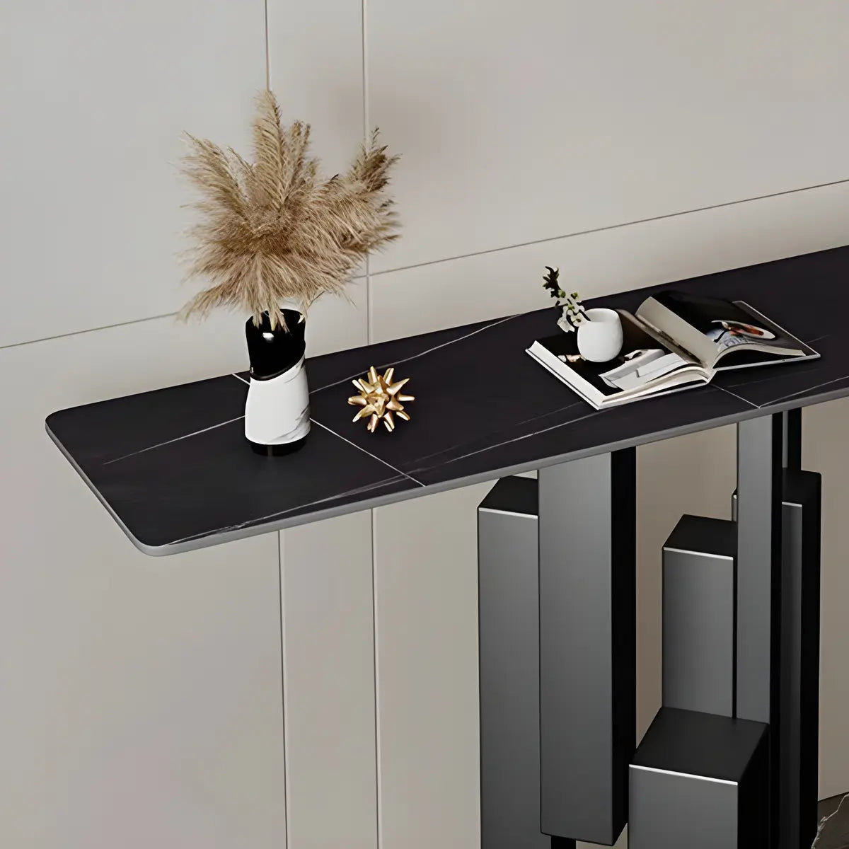 Rectangular Stone Top Black Tall Iron Base Console Table Image - 8