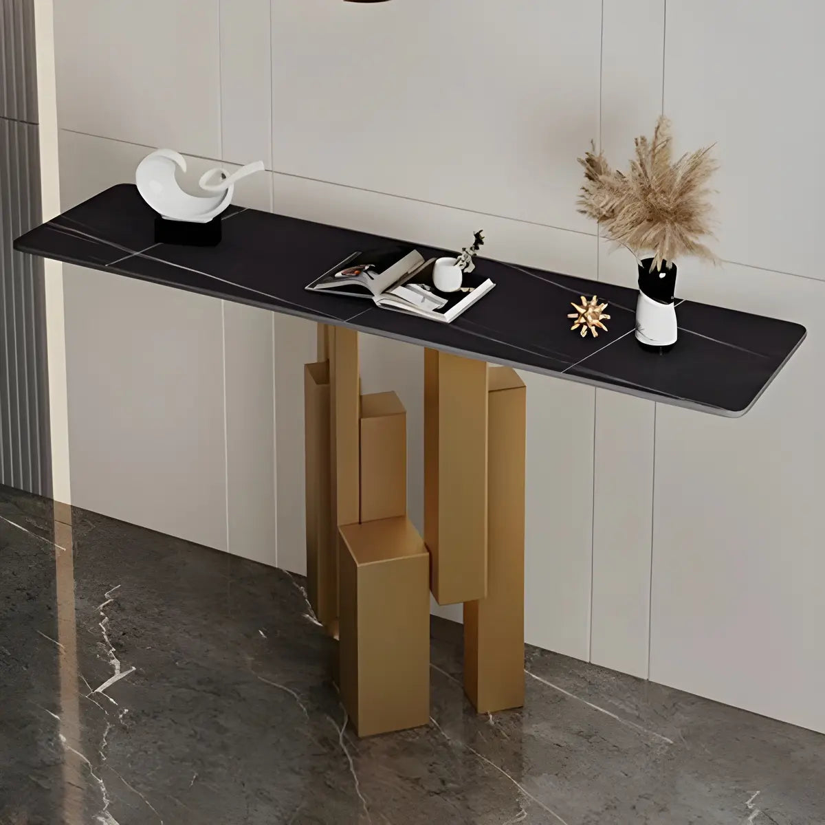 Rectangular Stone Top Black Tall Iron Base Console Table Image - 9