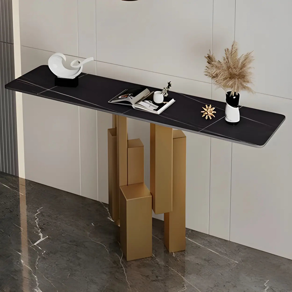 Rectangular Stone Top Black Tall Iron Base Console Table Image - 9