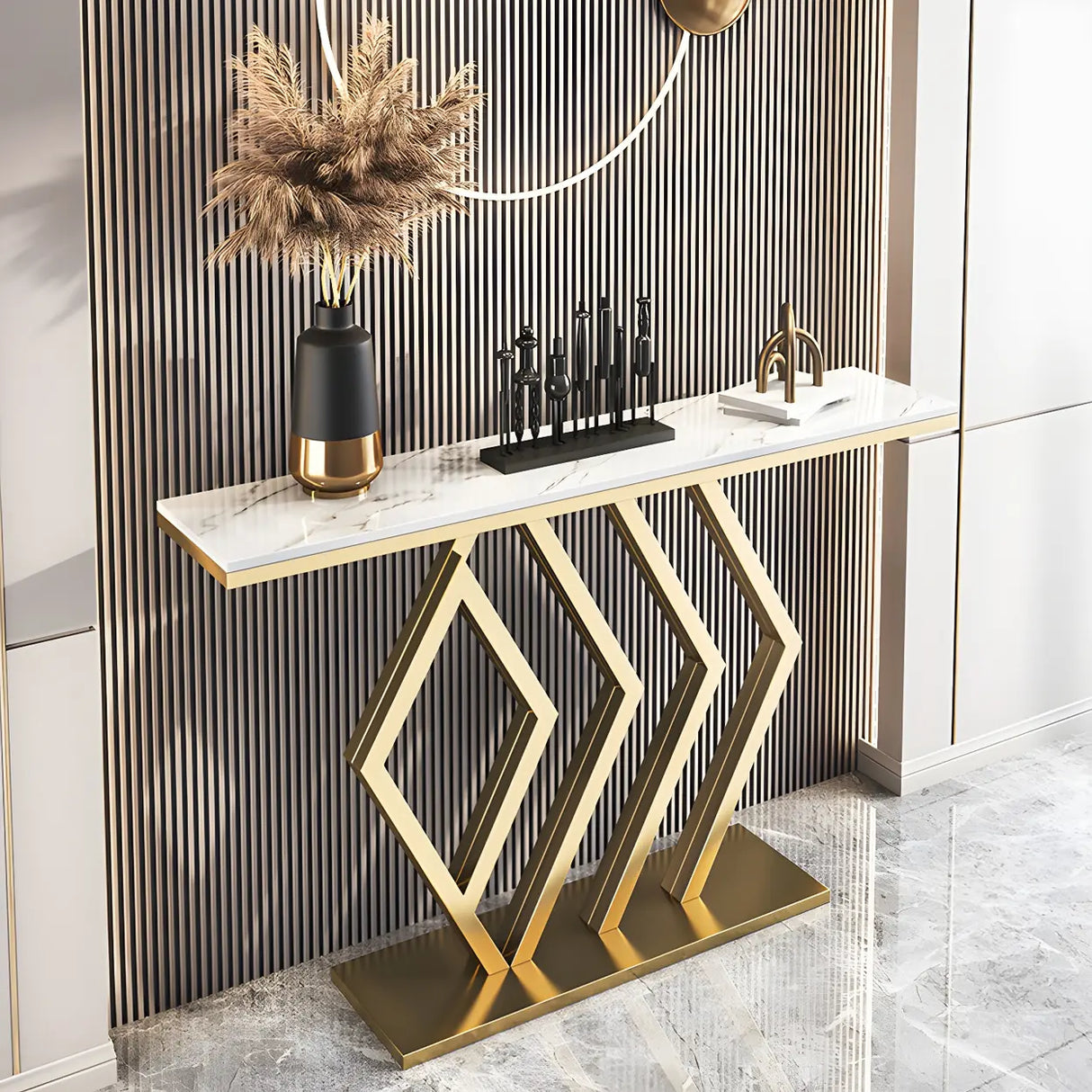Rectangular Stone Top Gold Modern Large Console Table Image - 1