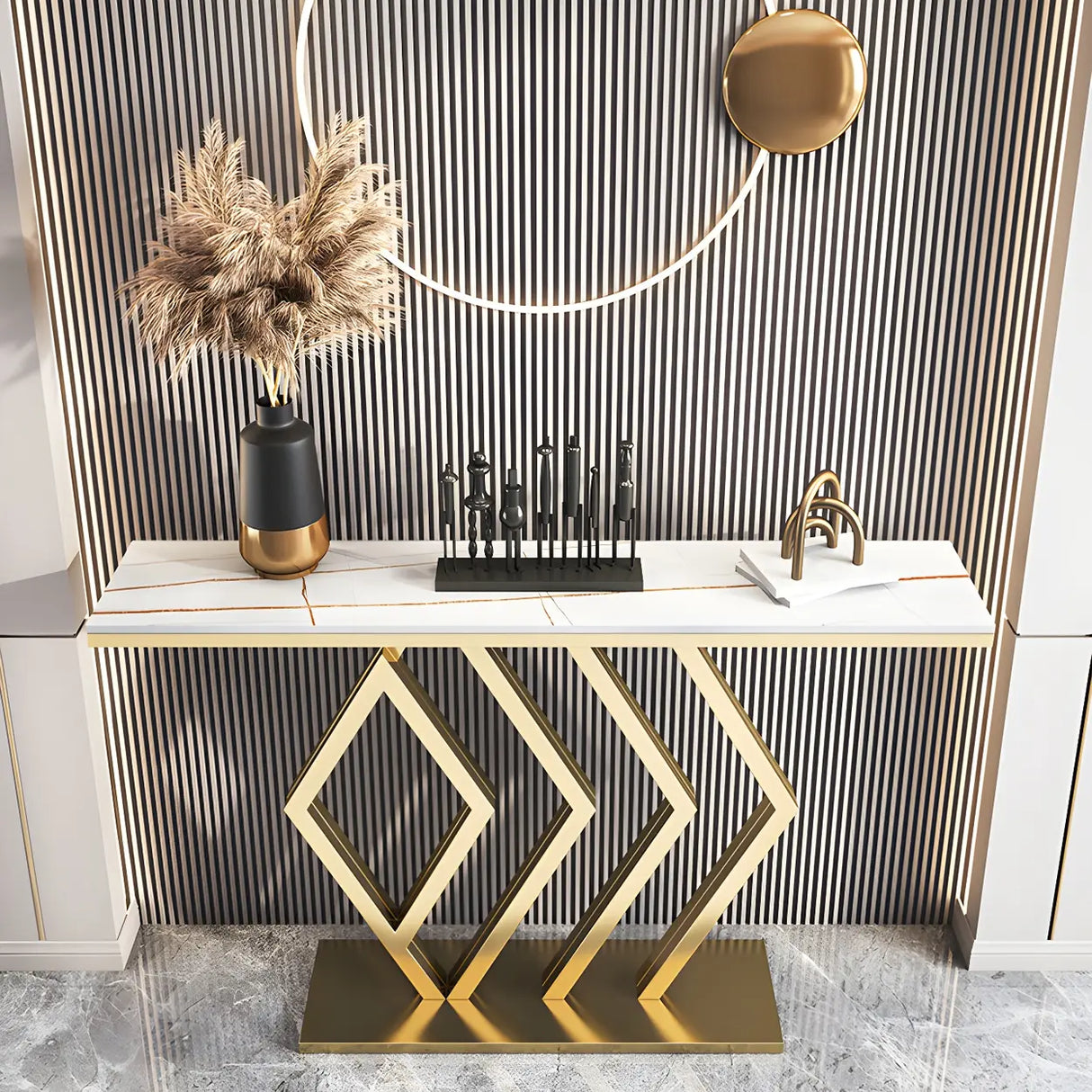 Rectangular Stone Top Gold Modern Large Console Table Image - 10