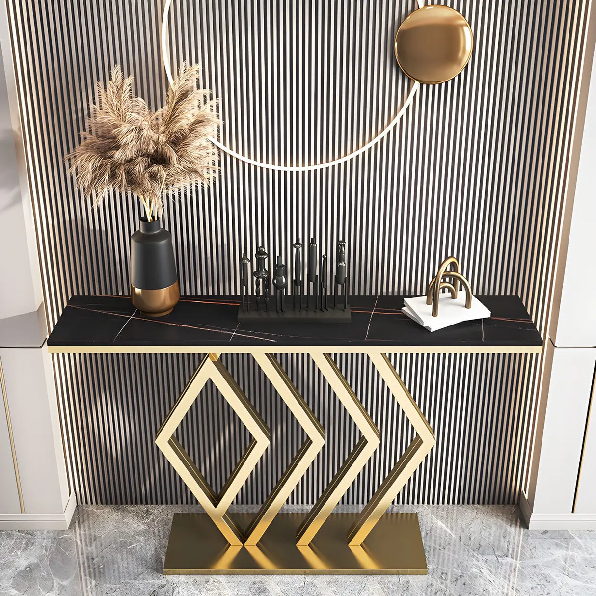 Rectangular Stone Top Gold Modern Large Console Table Image - 11