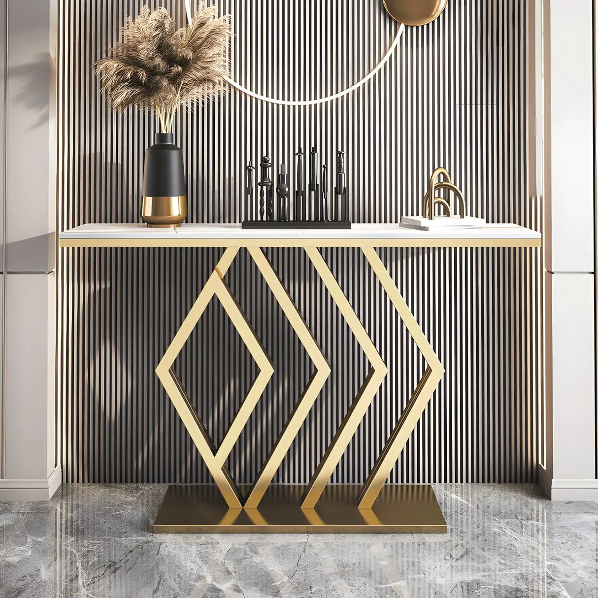 Rectangular Stone Top Gold Modern Large Console Table Image - 12