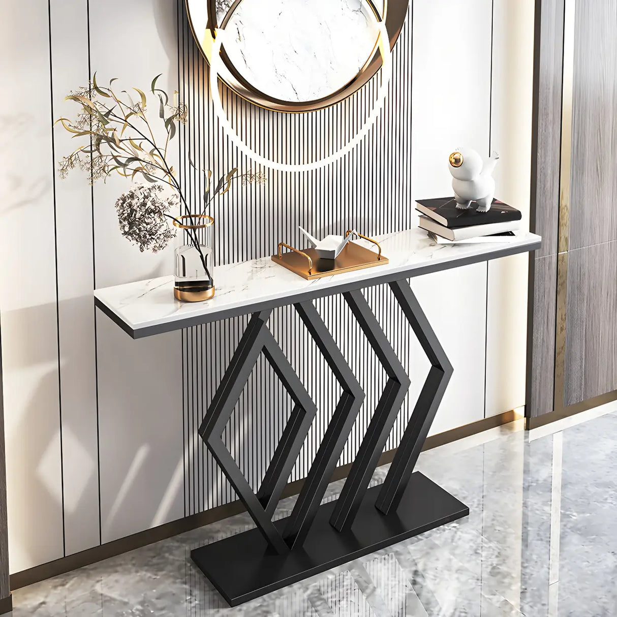 Rectangular Stone Top Gold Modern Large Console Table Image - 2