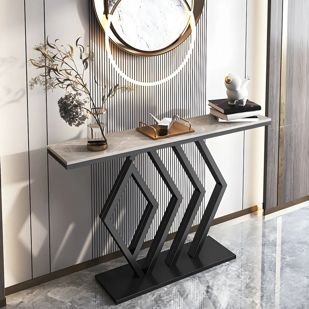 Rectangular Stone Top Gold Modern Large Console Table Image - 3