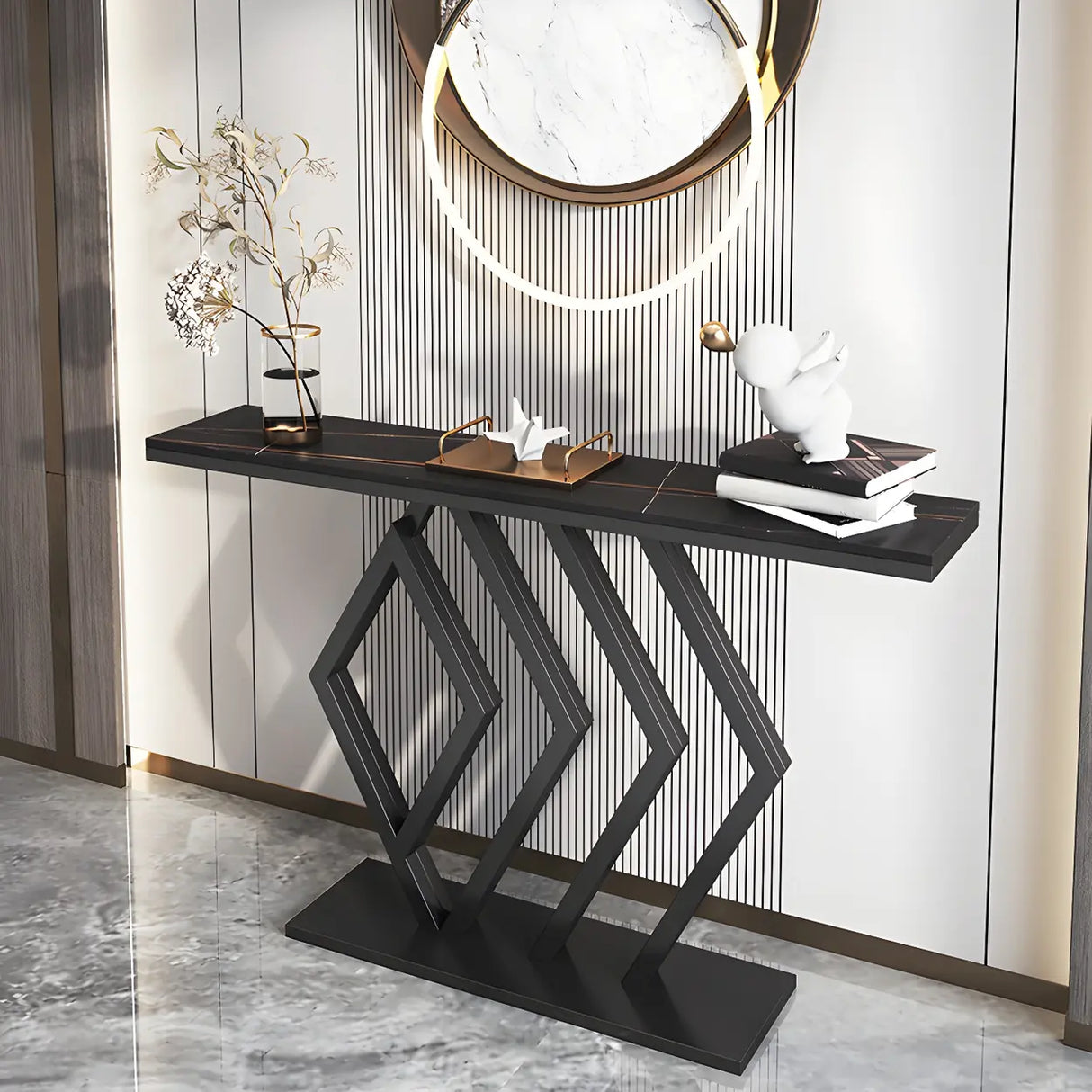 Rectangular Stone Top Gold Modern Large Console Table Image - 4