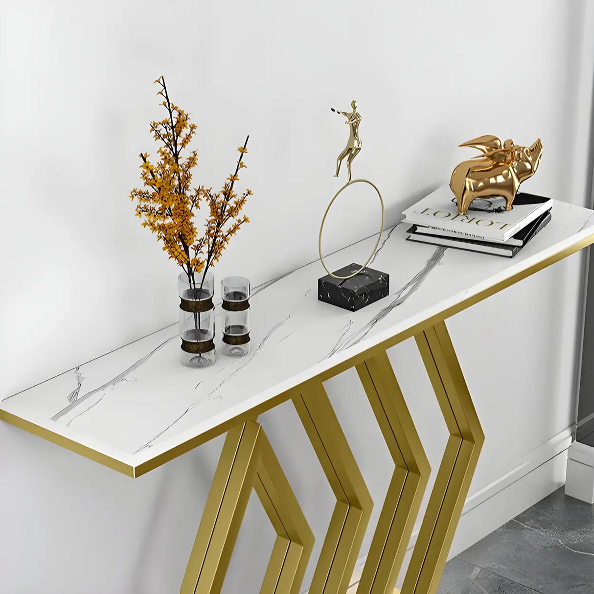 Rectangular Stone Top Gold Modern Large Console Table Image - 7