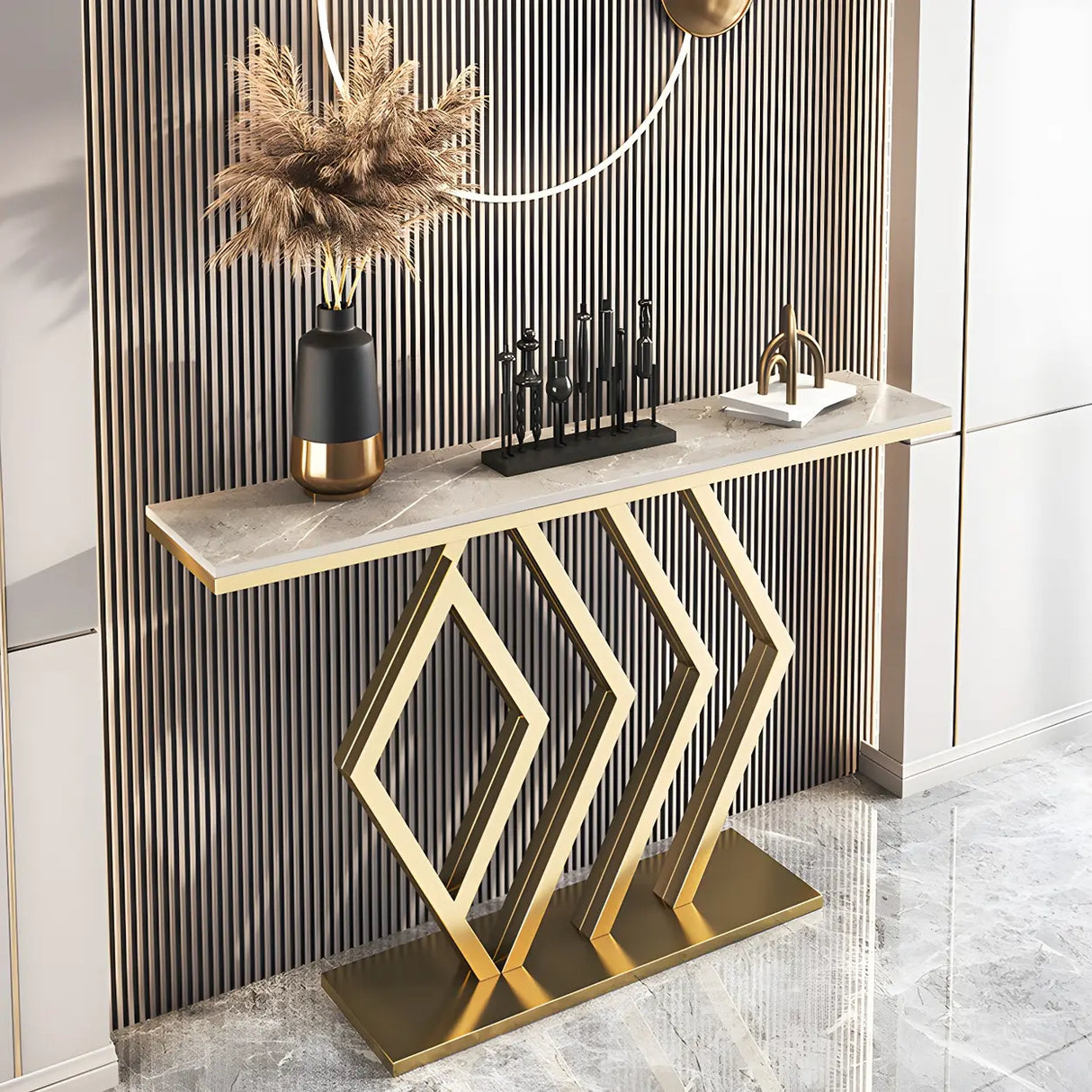 Rectangular Stone Top Gold Modern Large Console Table Image - 8