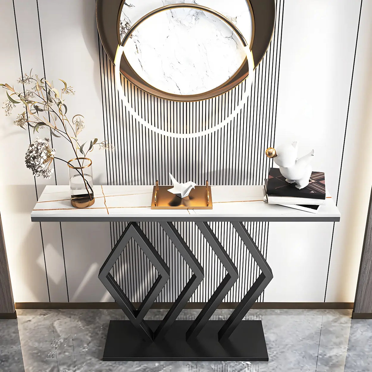 Rectangular Stone Top Gold Modern Large Console Table Image - 9