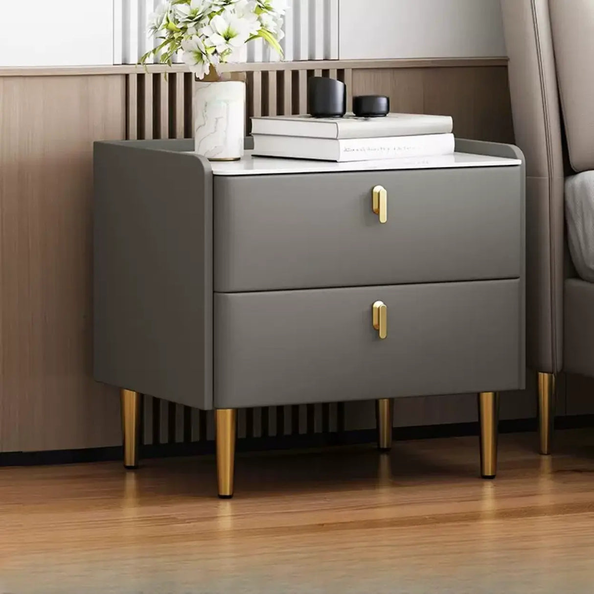 Rectangular Stone Top White Storage 2-Tier Nightstand Image - 7