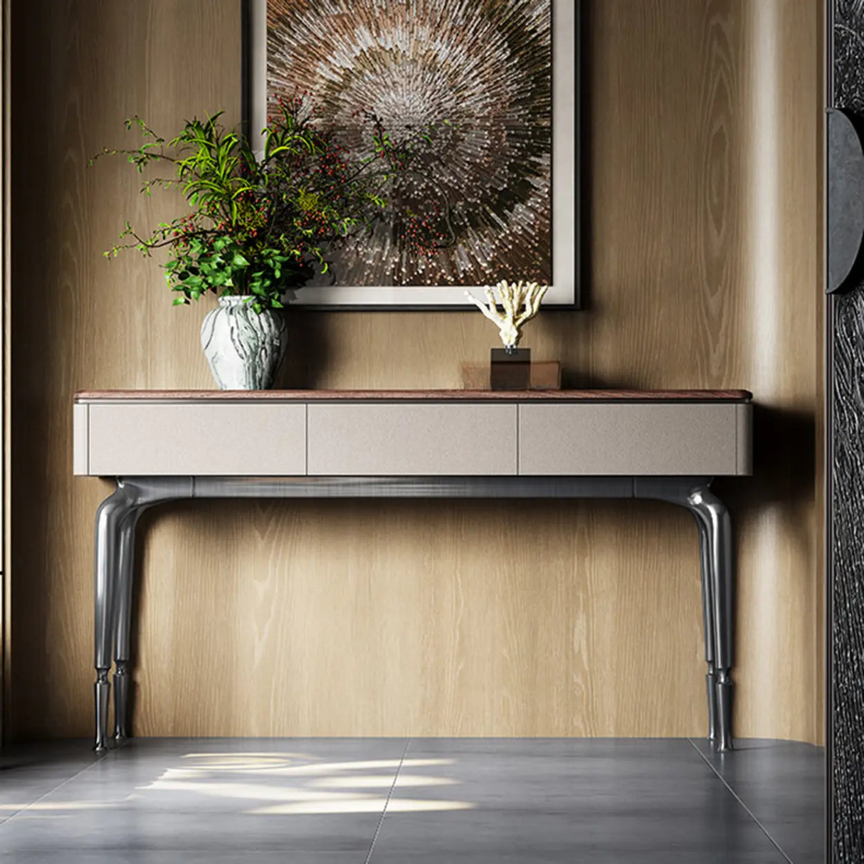 Rectangular Walnut Wood Black Storage Console Table Image - 3