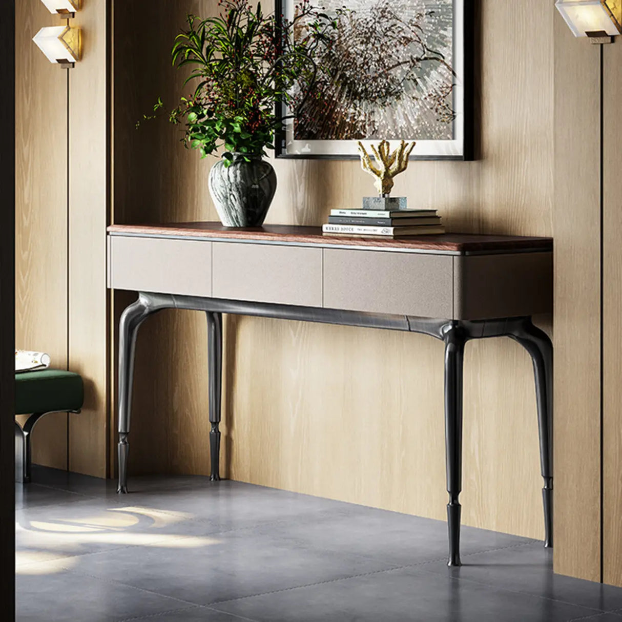 Rectangular Walnut Wood Black Storage Console Table Image - 4