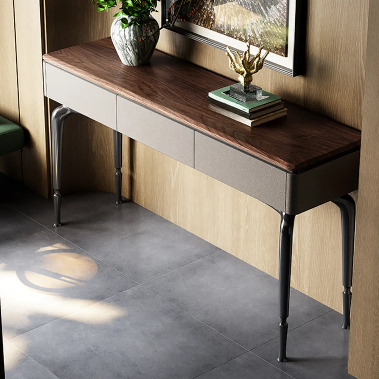 Rectangular Walnut Wood Black Storage Console Table Image - 5