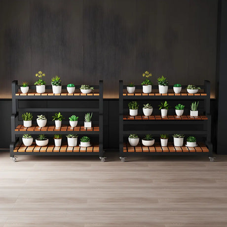 Rectangular Wood Black 3-Tiers Plant Stand with Wheels Image - 1