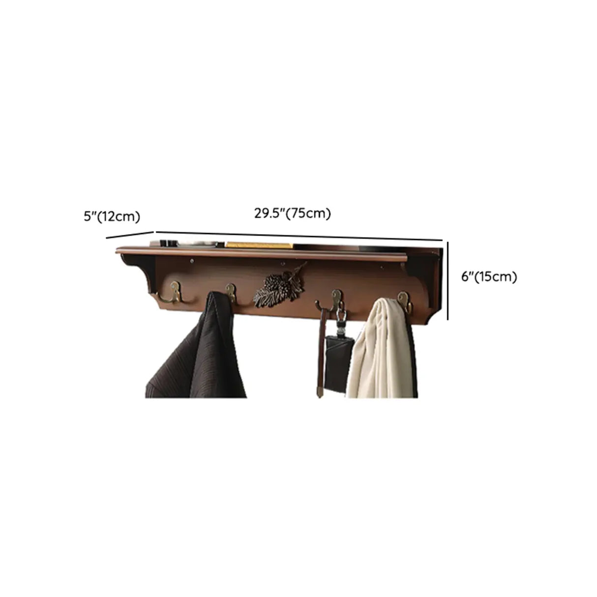 Rectangular Wood Brown Wall-Mounted Shelf Coat Rack 