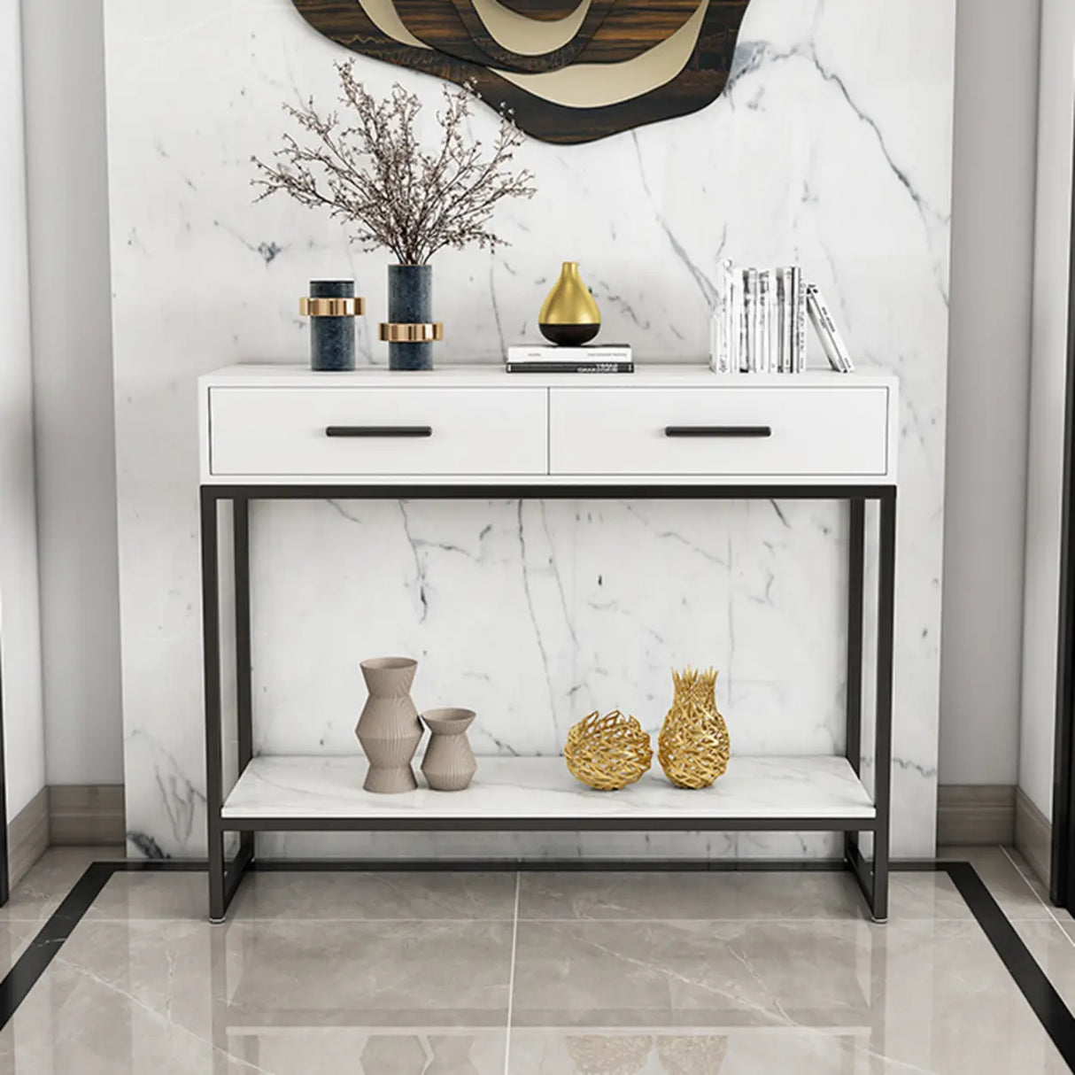 Rectangular Wood Metal White Storage Console Table Image - 4