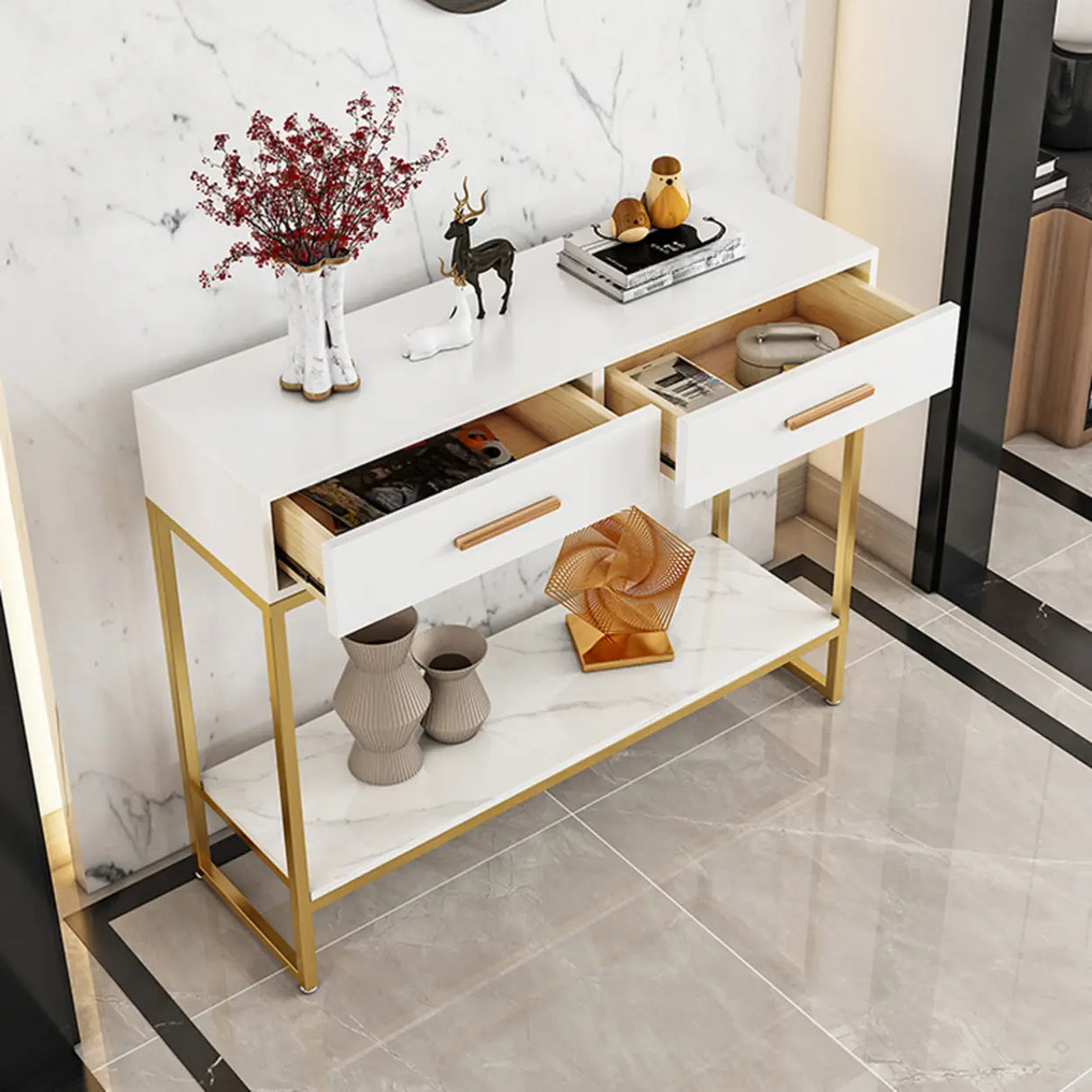 Rectangular Wood Metal White Storage Console Table Image - 8