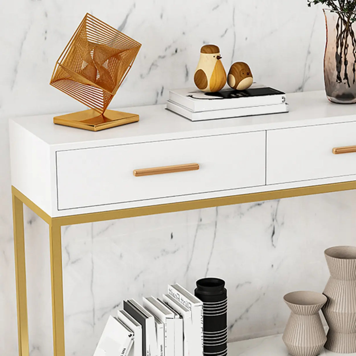 Rectangular Wood Metal White Storage Console Table Image - 9