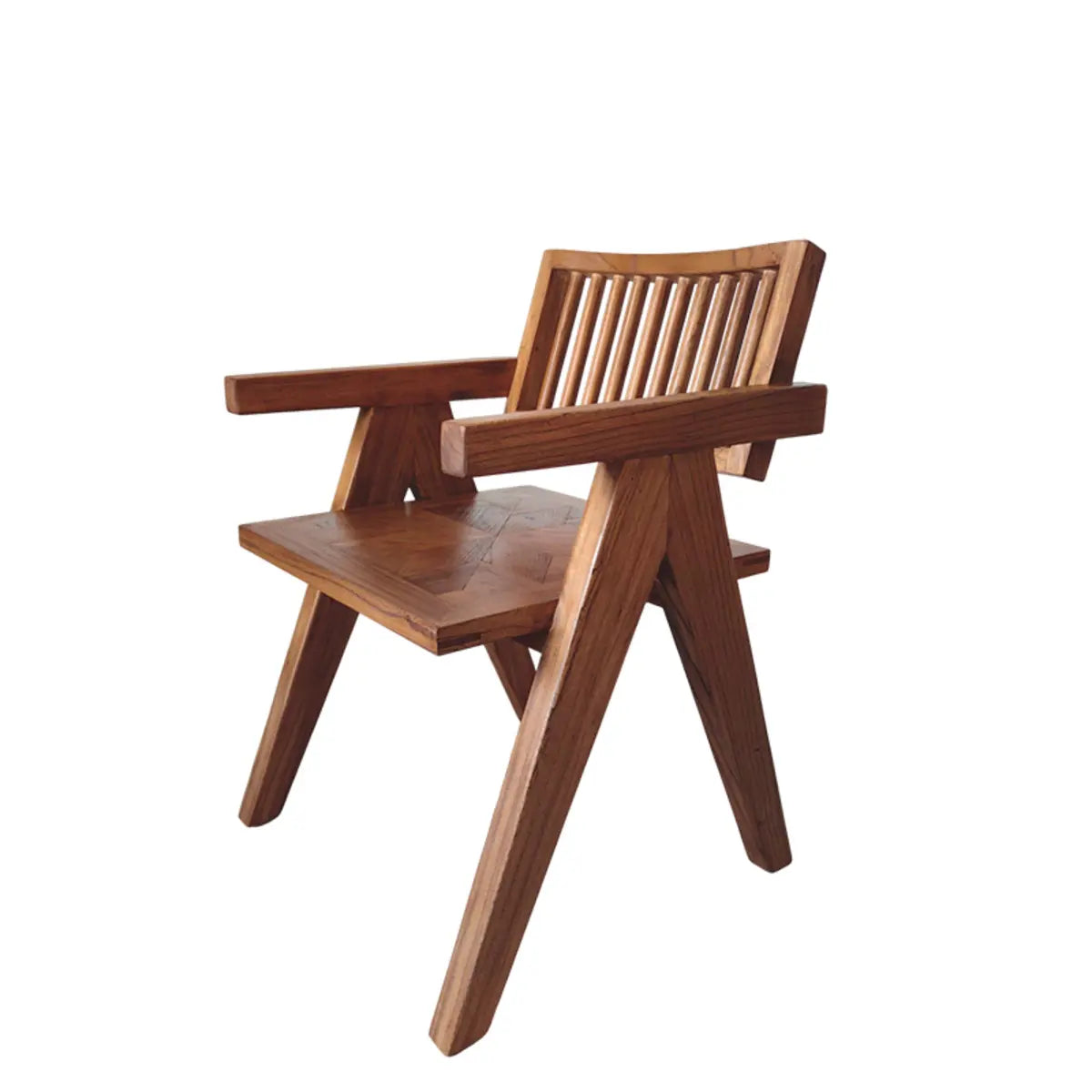 Rectangular Wood Slatted Armrest Dining Chair Brown Image - 2