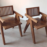 Rectangular Wood Slatted Armrest Dining Chair Brown Image - 4