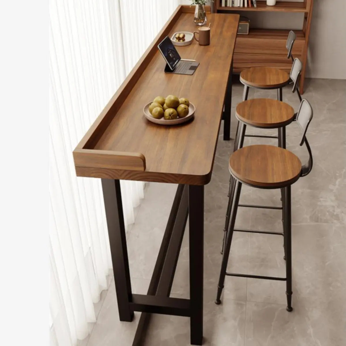 Rectangular Wooden Brown Bar Table Set with Storage Image - 3