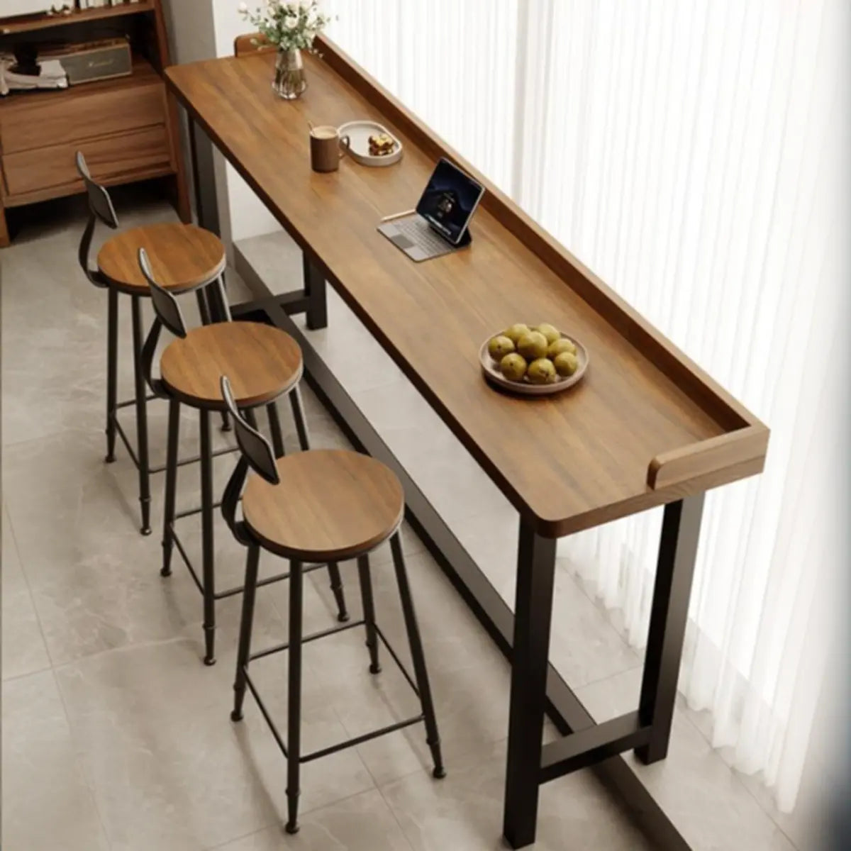 Rectangular Wooden Brown Bar Table Set with Storage Image - 4