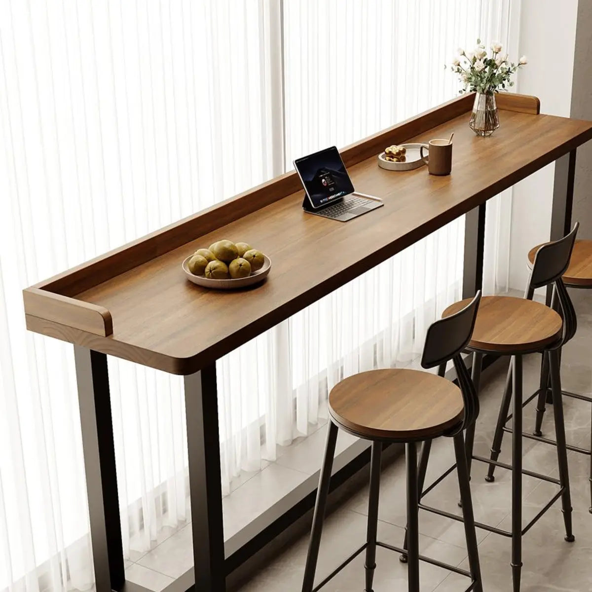 Rectangular Wooden Brown Bar Table Set with Storage Image - 5
