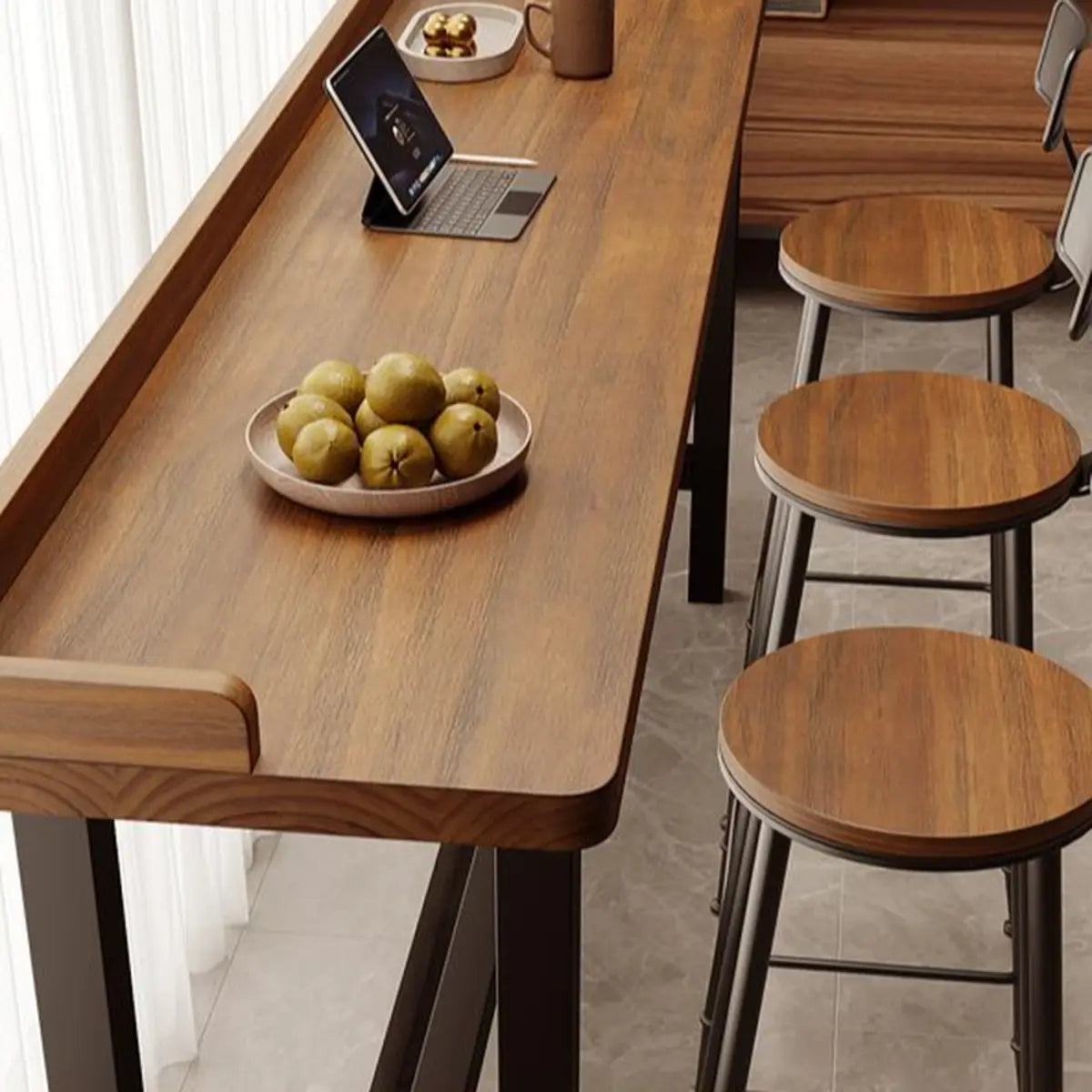 Rectangular Wooden Brown Bar Table Set with Storage Image - 6