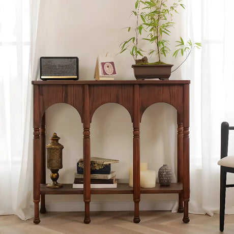 Rectangular Wooden Brown Console Table with Shelves Image - 1