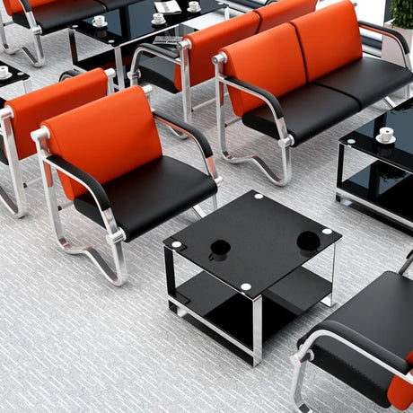 Red-Black Faux Leather Silver Frame Beam Seating Image - 1