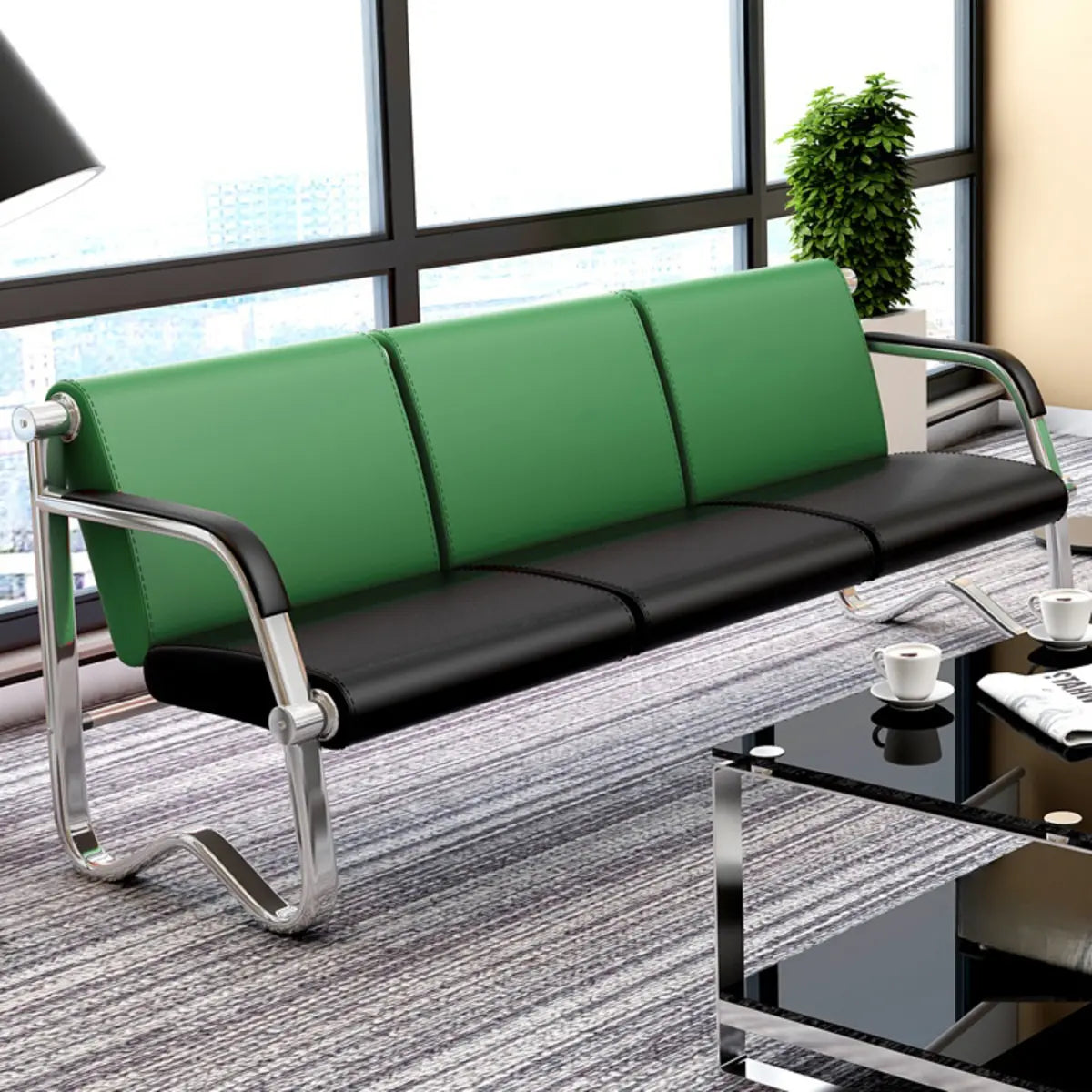 Red-Black Faux Leather Silver Frame Beam Seating Image - 13