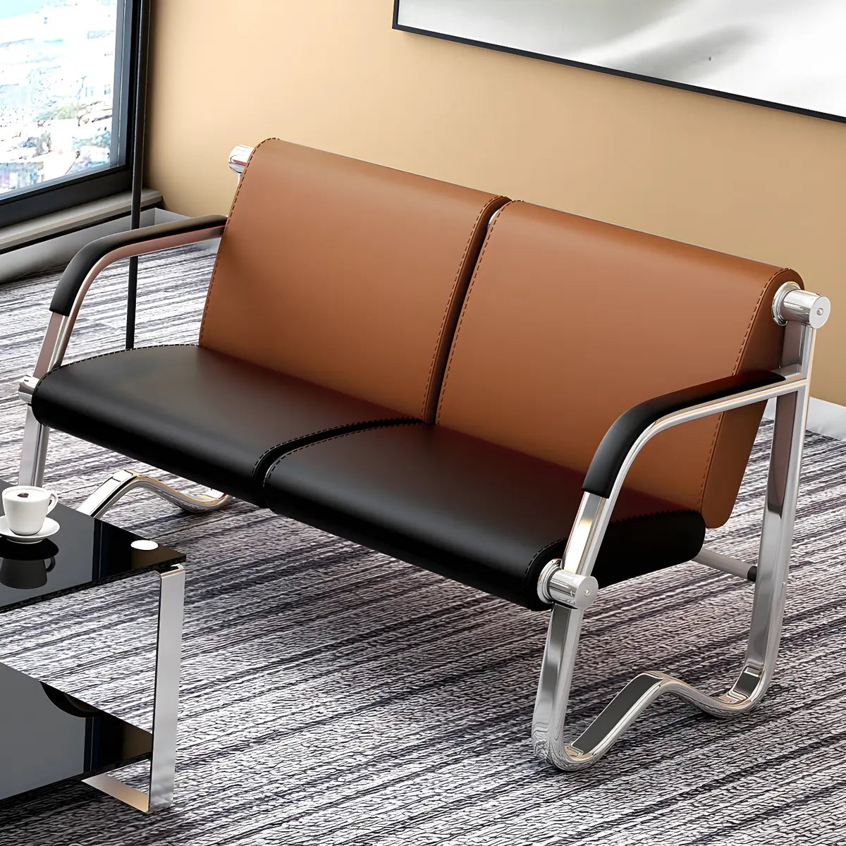 Red-Black Faux Leather Silver Frame Beam Seating Image - 15