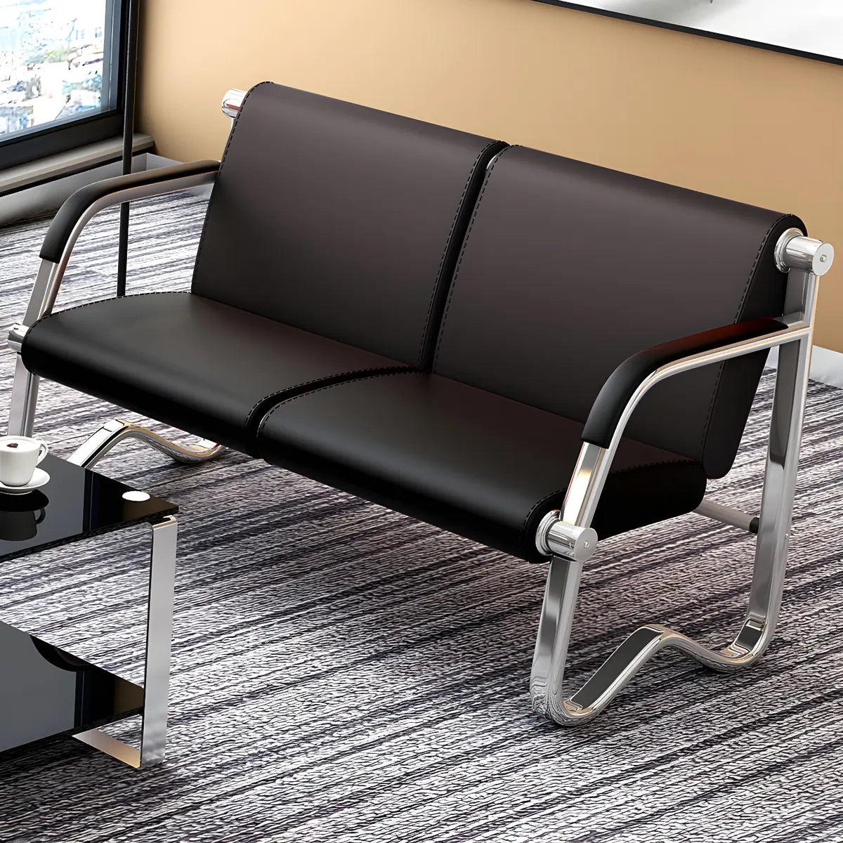 Red-Black Faux Leather Silver Frame Beam Seating Image - 16