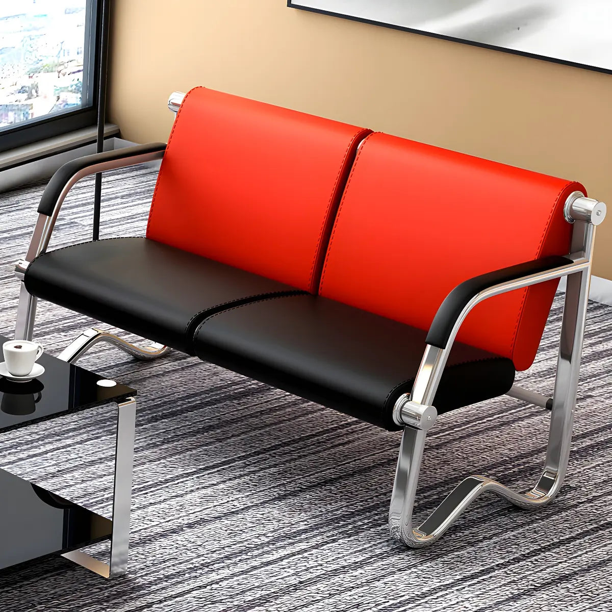 Red-Black Faux Leather Silver Frame Beam Seating Image - 17