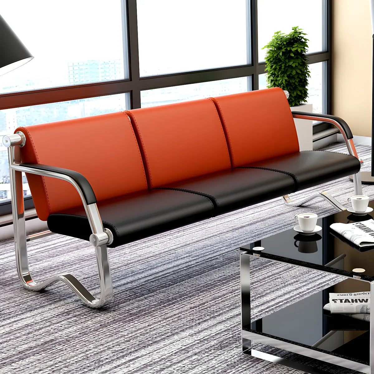 Red-Black Faux Leather Silver Frame Beam Seating Image - 2