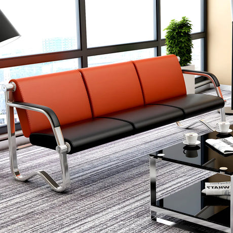 Red-Black Faux Leather Silver Frame Beam Seating Image - 2
