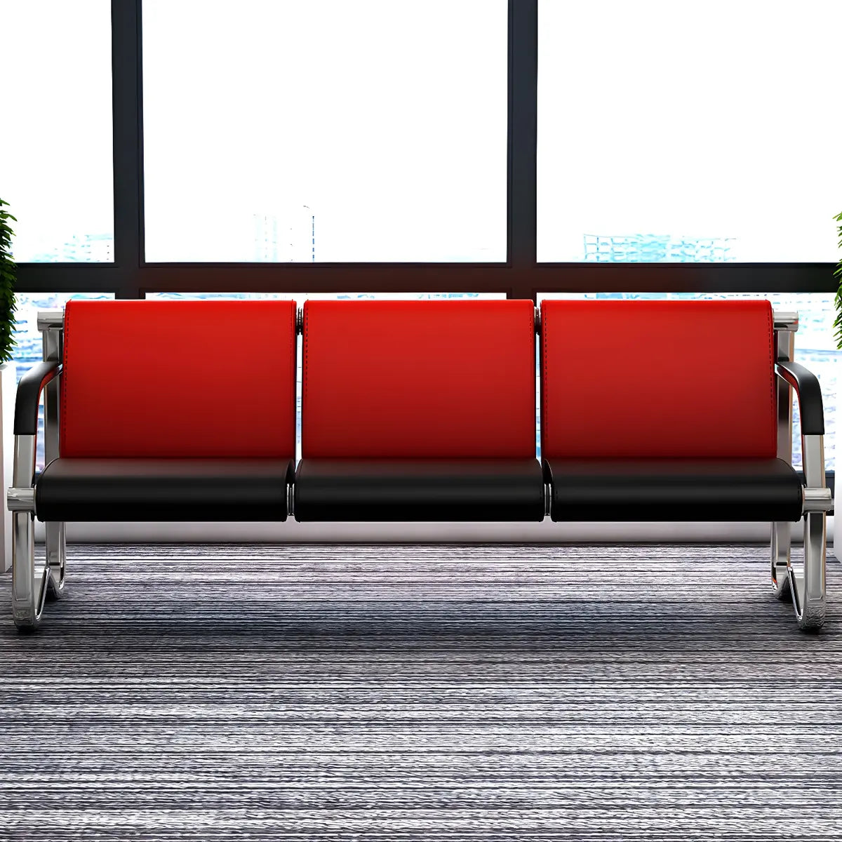 Red-Black Faux Leather Silver Frame Beam Seating Image - 21