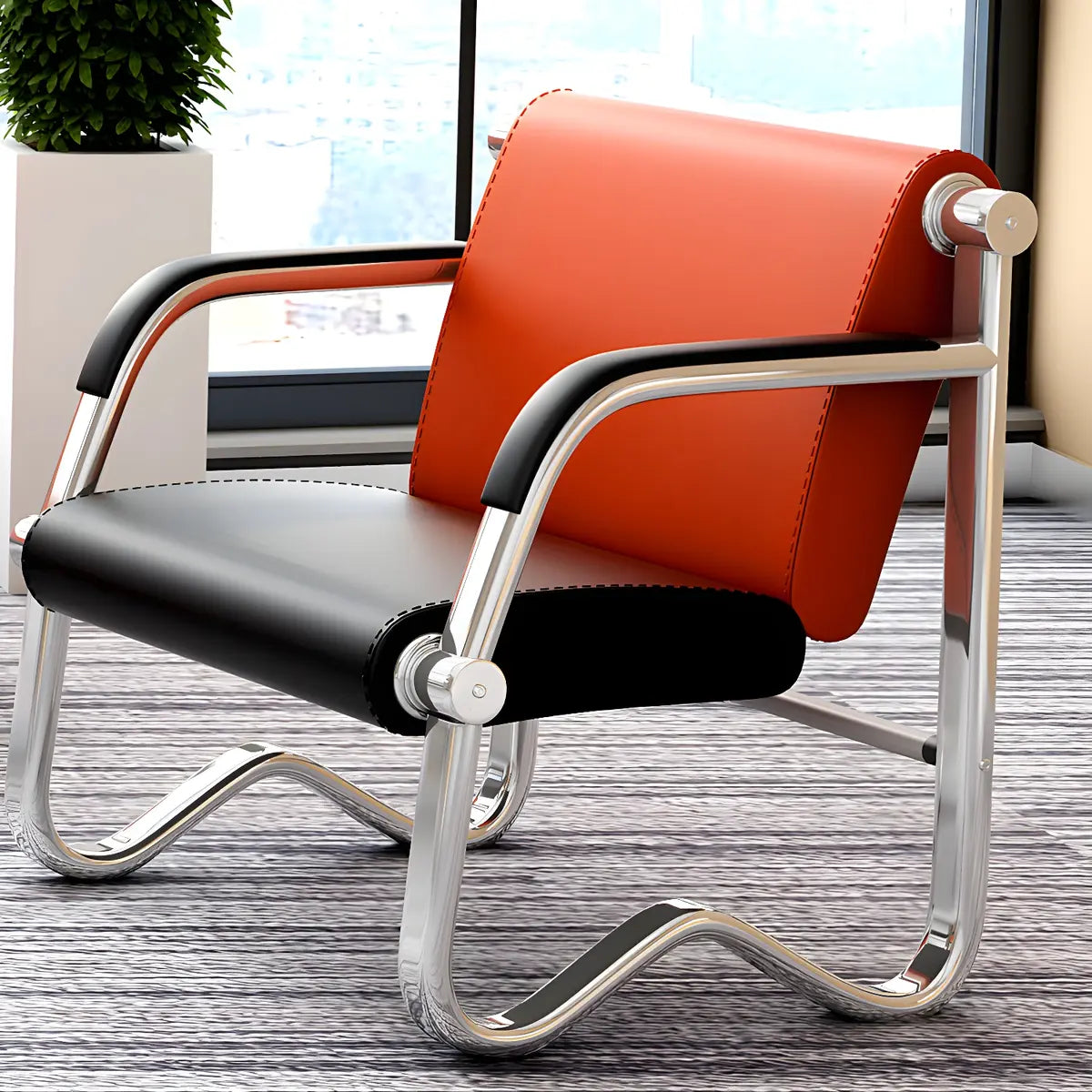 Red-Black Faux Leather Silver Frame Beam Seating Image - 22