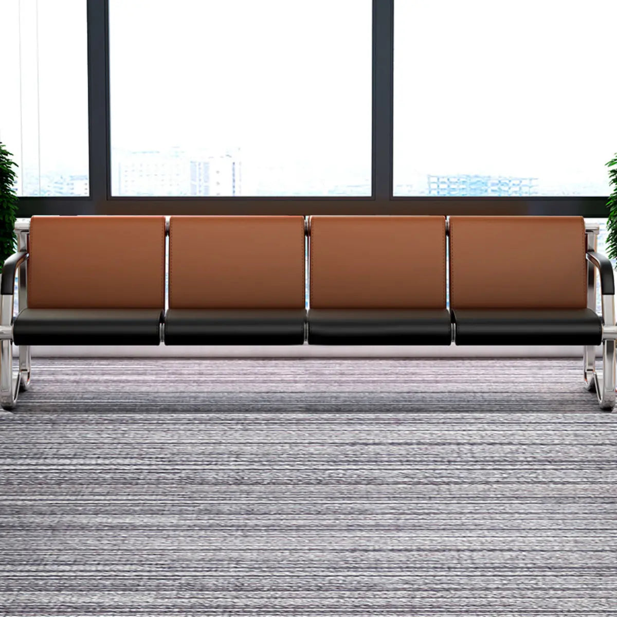 Red-Black Faux Leather Silver Frame Beam Seating Image - 25