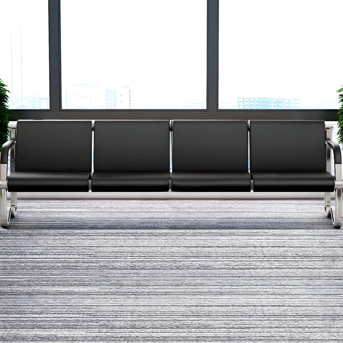 Red-Black Faux Leather Silver Frame Beam Seating Image - 26