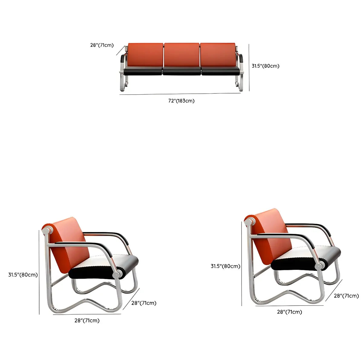 Red-Black Faux Leather Silver Frame Beam Seating Image - 32