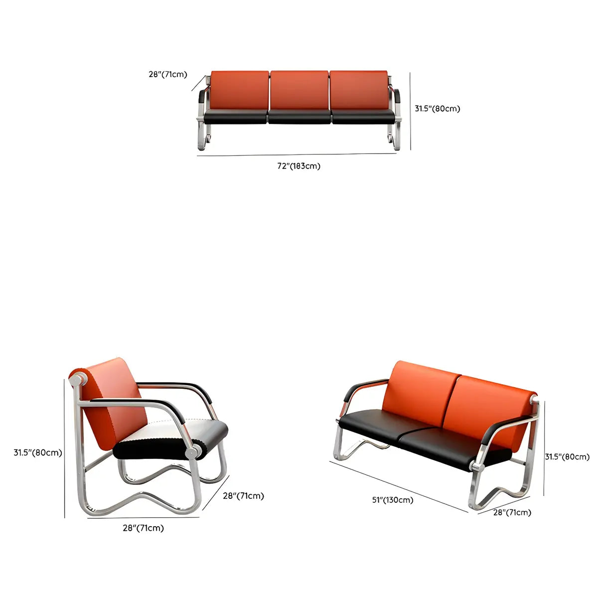 Red-Black Faux Leather Silver Frame Beam Seating Image - 33