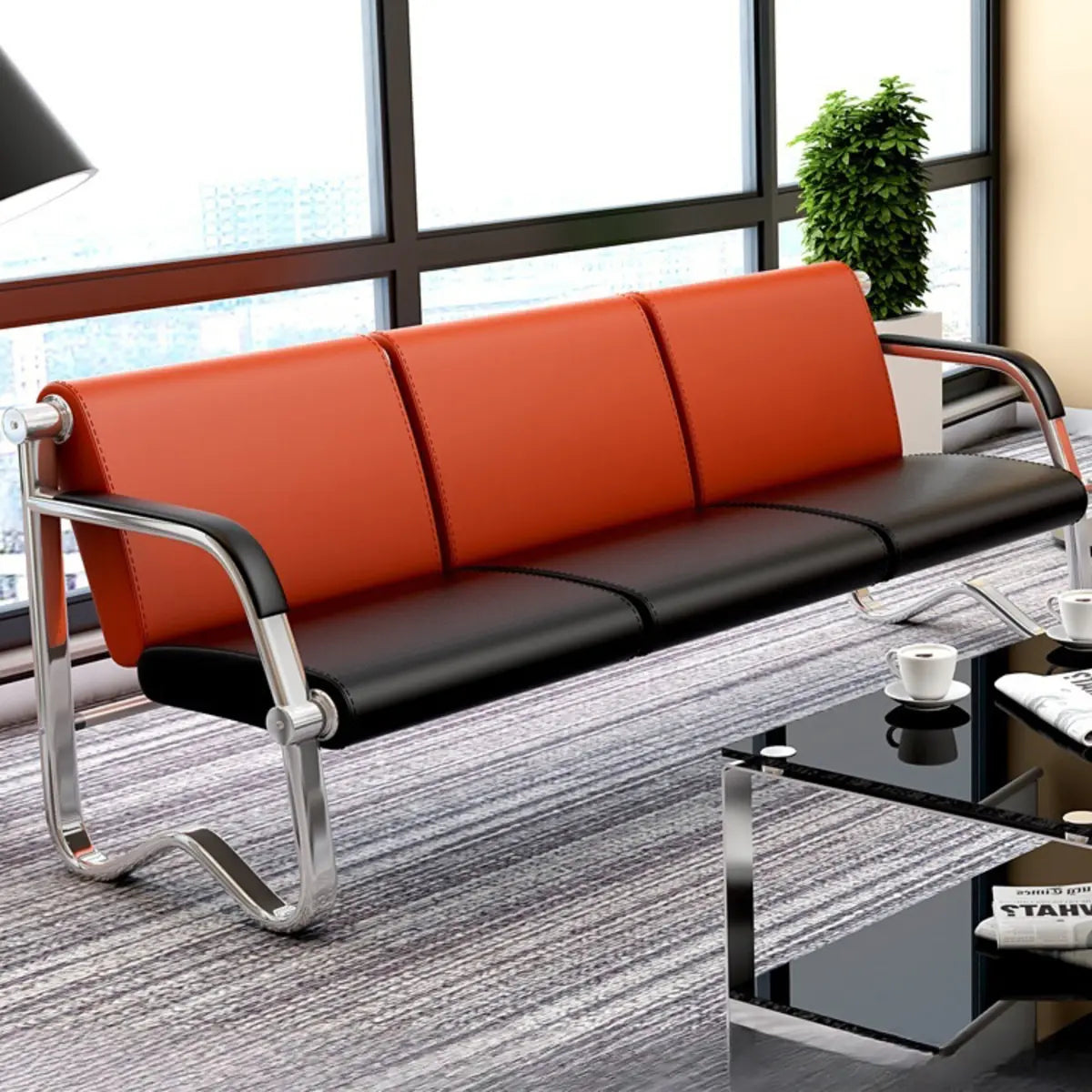 Red-Black Faux Leather Silver Frame Beam Seating Image - 4