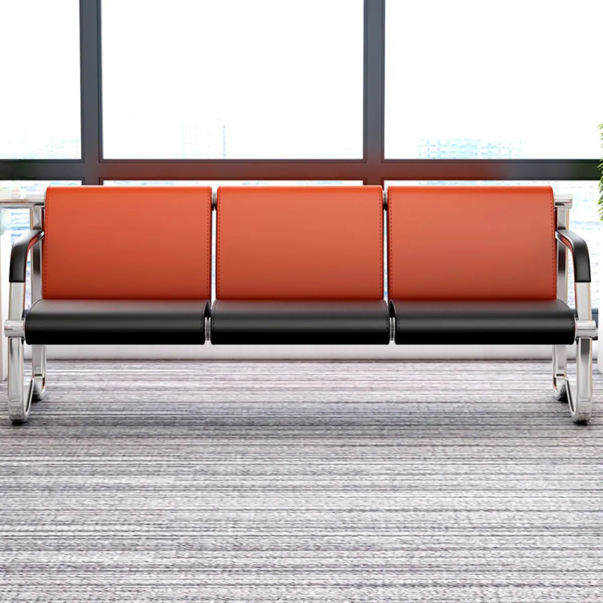 Red-Black Faux Leather Silver Frame Beam Seating Image - 5